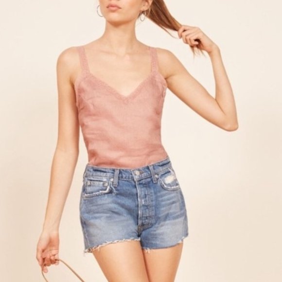 Reformation Tops - REFORMATION Soft Pink Linen & Lace Tank Top L